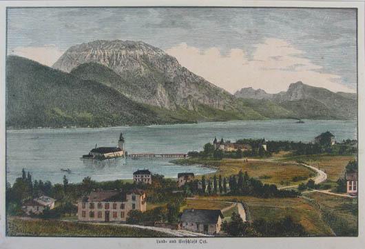 Land- und Seeschloss Ort. Kolorierter Holzstich n. J. J. Kirchner 1887 ...