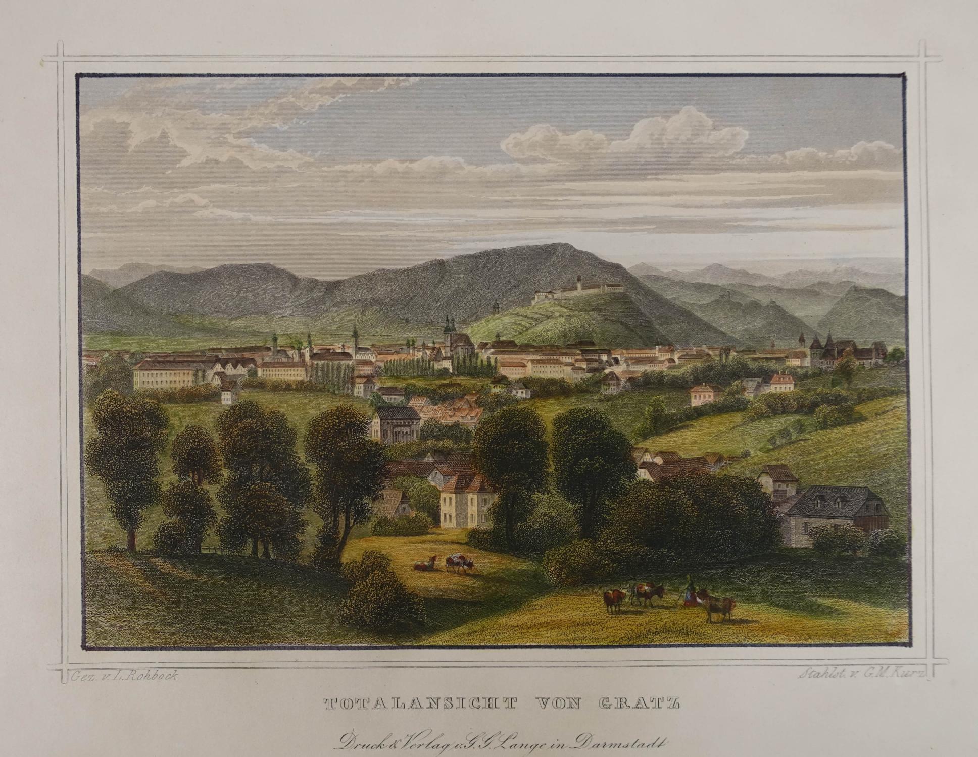 Totalansicht von Gratz. Kolorierter Stahlstich v. G. M. Kurz nach L
