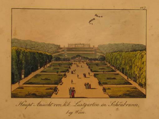 Haupt Ansicht von kk. Lustgarten in Schönbrunn bey Wien. Altkolorierte