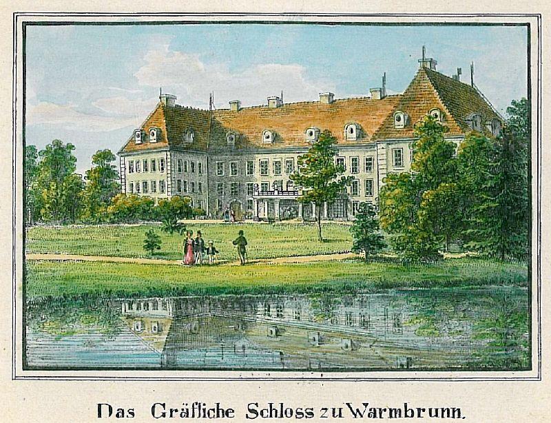 BAD WARMBRUNN. "Das Gräfliche Schloss zu Warmbrunn", im Vordergrund See.:  Art / Print / Poster | Franziska Bierl Antiquariat