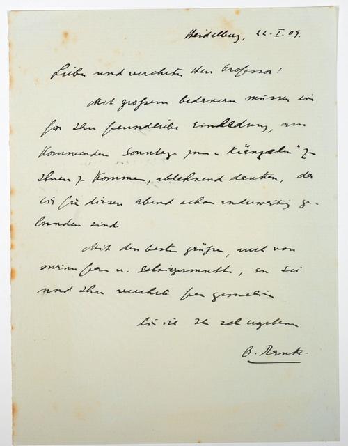 ALS - Eigenhändiger Brief mit Unterschrift. von Ranke, Otto -: (1909 ...
