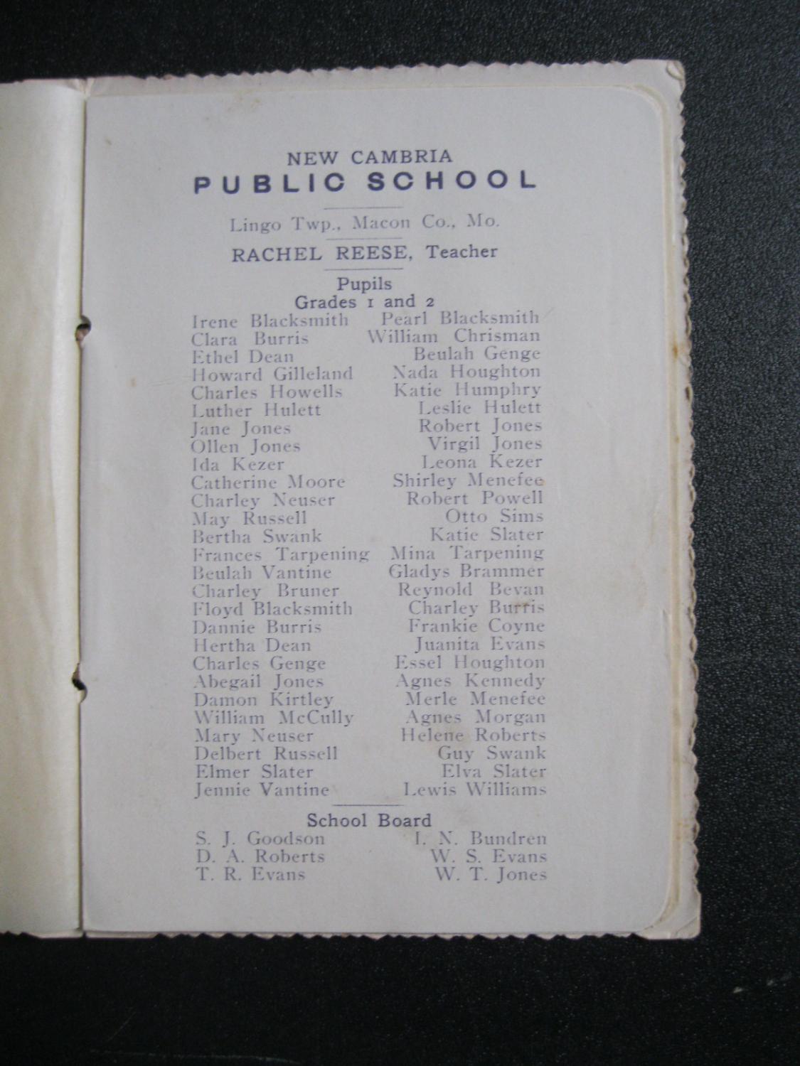 SCHOOL SOUVENIR New Cambria Public School Lingo Township Missouri 1907 by Anonymous