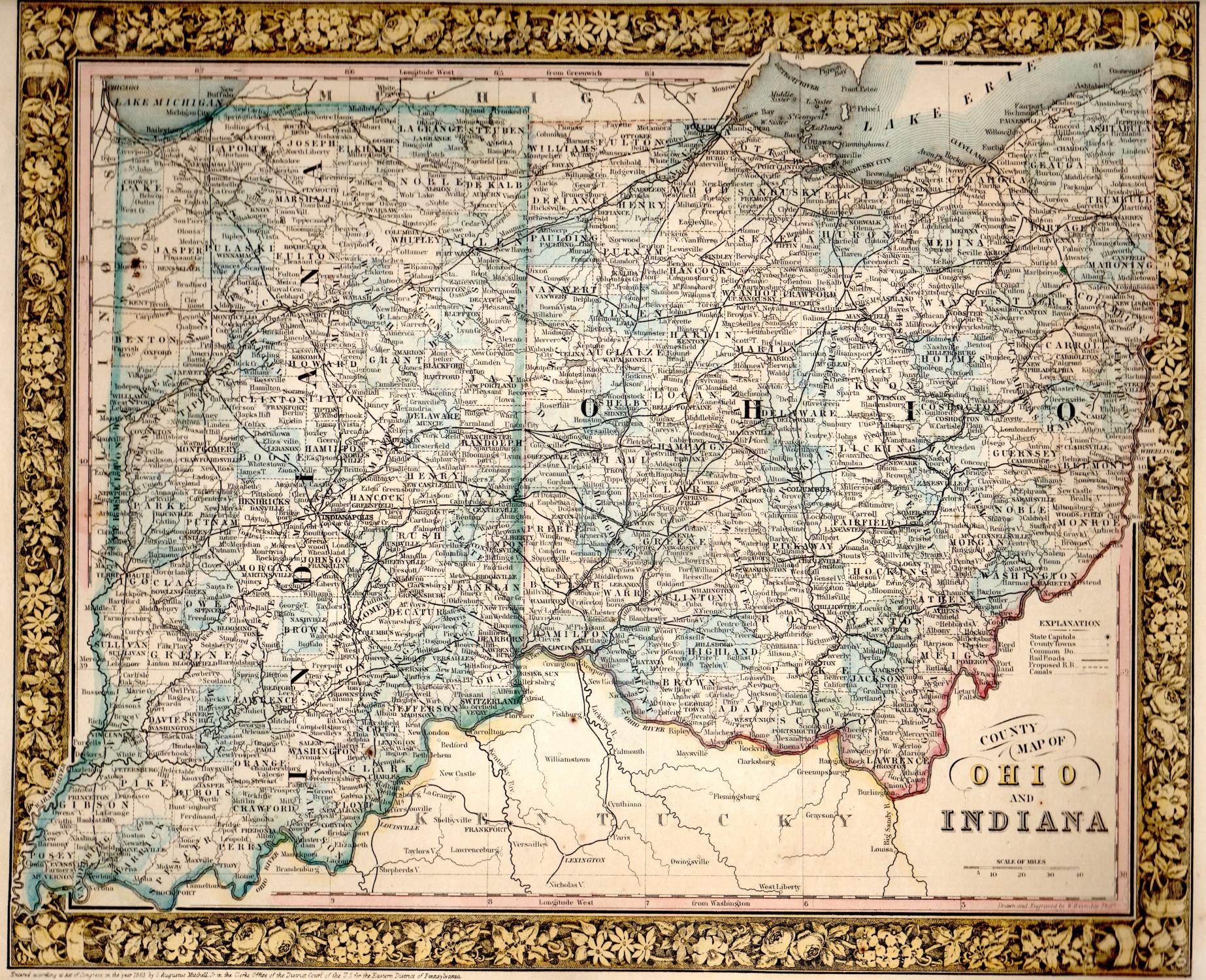 MAP:"County Map of Ohio and Indiana.from Mitchell's Modern Atlas by 