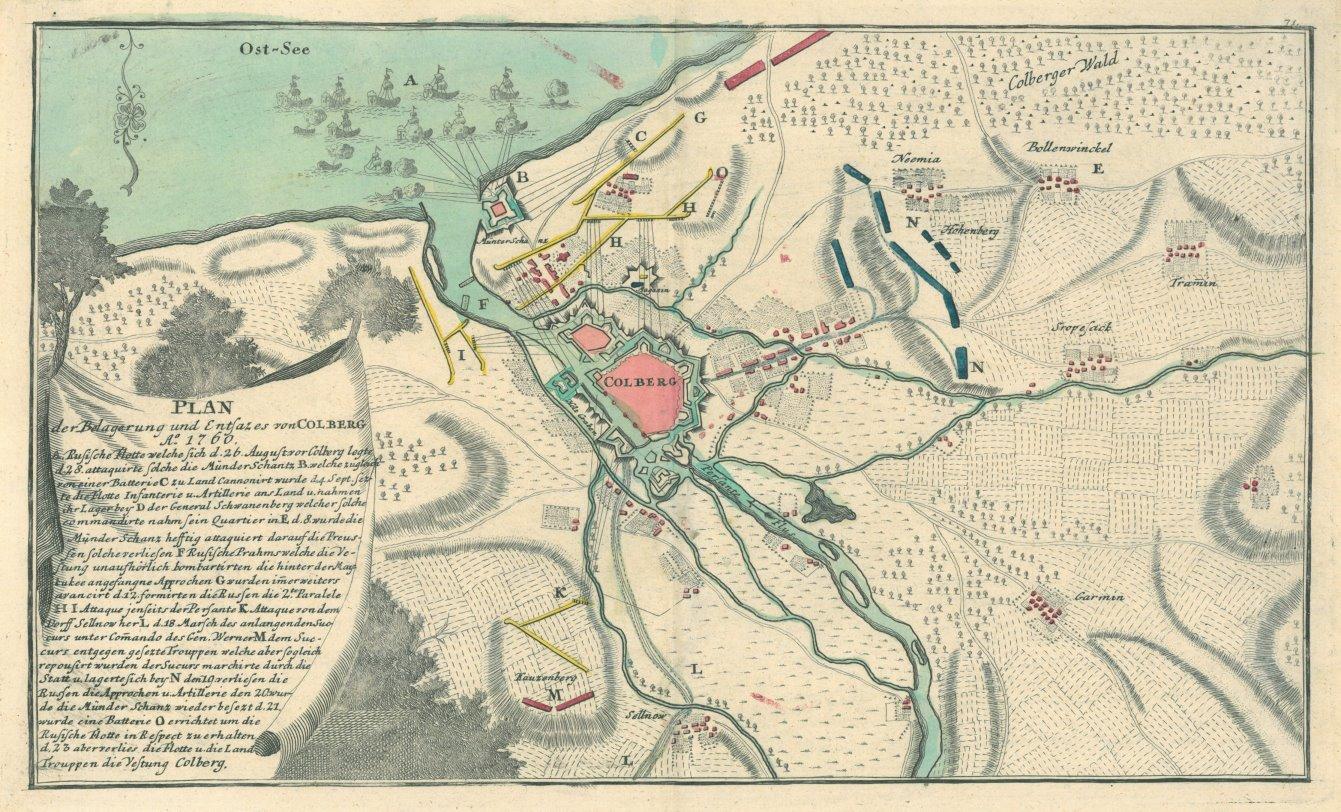KOLBERG. "Plan der Belagerung von Colberg 1760". Grundrißplan mit Umgebung. Ostsee mit Schiffen 