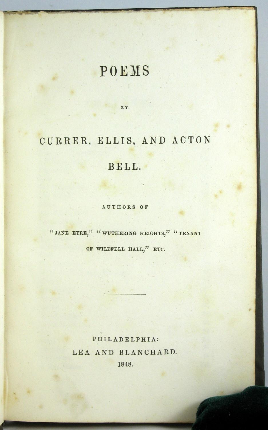 Poems By Currer Ellis And Acton Bell By Bronte Sisters 1848 Joseph J Felcone Inc Abaa