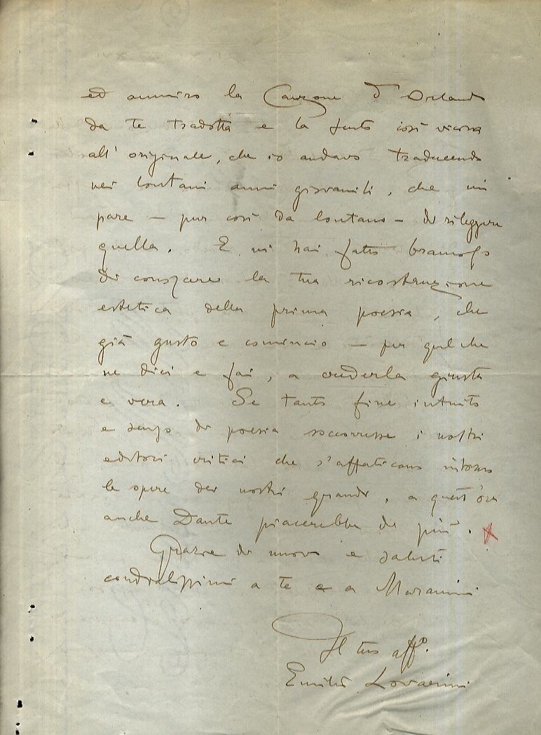 Abebooks Lettera manoscritta autografa firmata stesa su due facciate indirizzata alla scrittrice Elda Bossi datata: "Lovadina (Treviso) 21.XI.37.XVI". "Cara Bossi la tua traduzione della Canzone d'Orlando mi è dono molto gradit