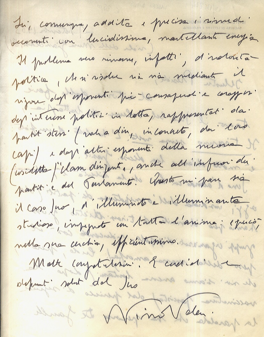 Abebooks Lettera manoscritta autografa firmata stesa su due facciate su carta intestata: Istituto di storia moderna [.] Università di Roma: Indirizzata a Giuseppe Maranini. Datata: "Roma 1 settembre 1963". "Caro Preside al rito