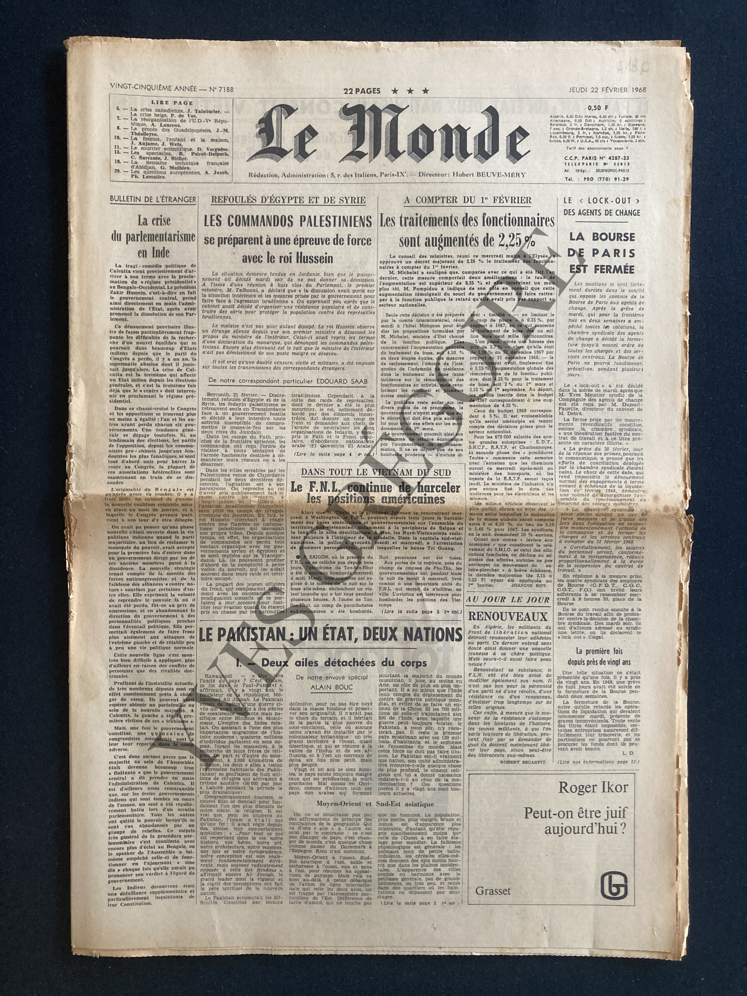 LE MONDE-N°7188-JEUDI 22 FEVRIER 1968 [Bon] [Couverture souple]