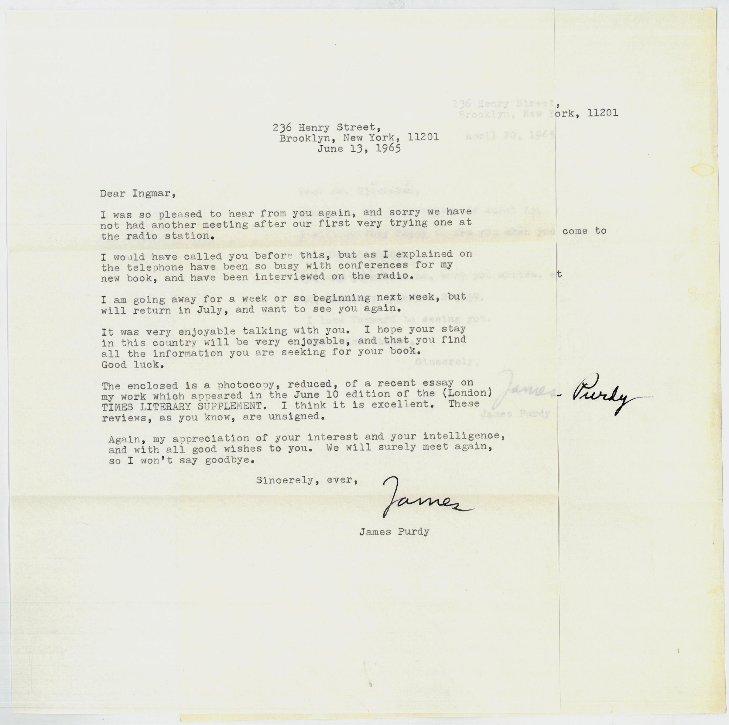 2 typed letters signed. de Purdy, James Otis, American writer (1914 ...