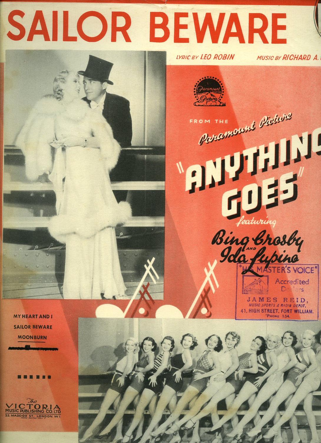 Song Sheet Sailor Beware "qualcosa dovesse andare" Bing Crosby Ida Lupino 1935 