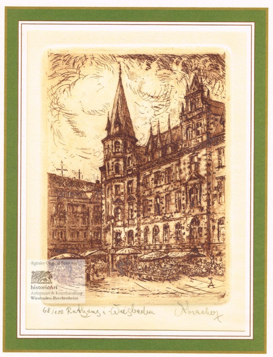 Original-Holzstich von 1891 das neue Rathaus Wiesbaden 