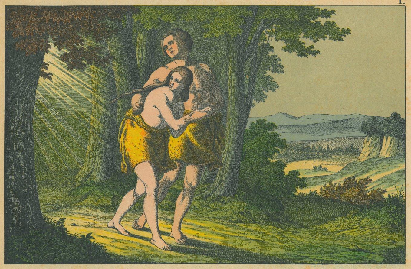 ADAM und EVA. Adam und Eva und die Vertreibung aus dem Paradies. Adam und Eva sich haltend gehen