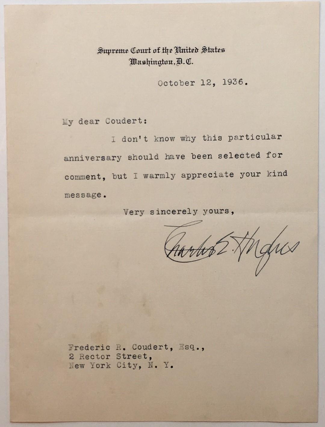 Typed Letter Signed on Supreme Court letterhead by HUGHES, Charles