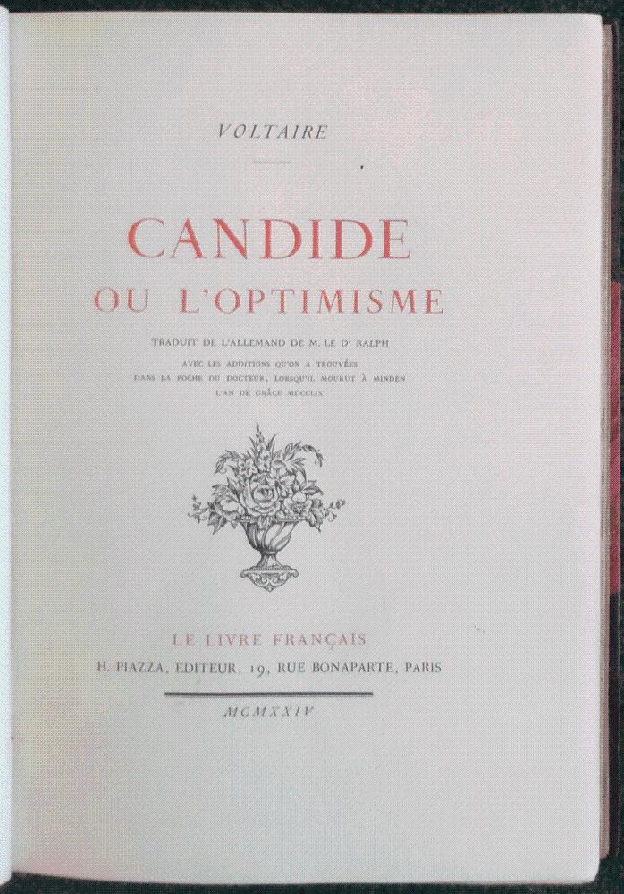 Candide Ou L'Optimisme by Voltaire 1694-1778. [PILON Edmond - editor ...
