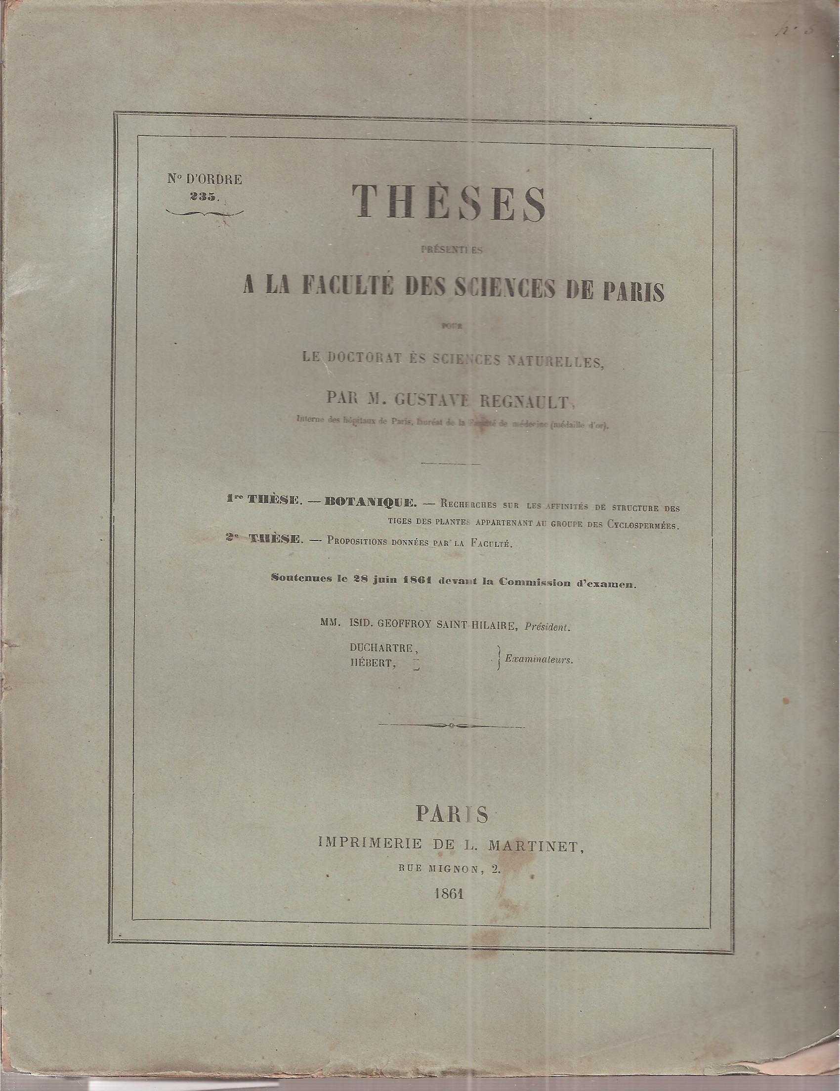 Theses presentees a la Faculte des Sciences de Paris pour - Regnault,Gustave