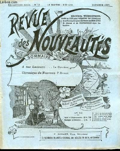REVUE DES NOUVEAUTES N°71 / OCTOBRE - A NOS LECTEURS / CHRONIQUE DU NOUVEAU / Balai à feuilles, crayon prodigieux, poignée porte-plat, diablo pneu, a