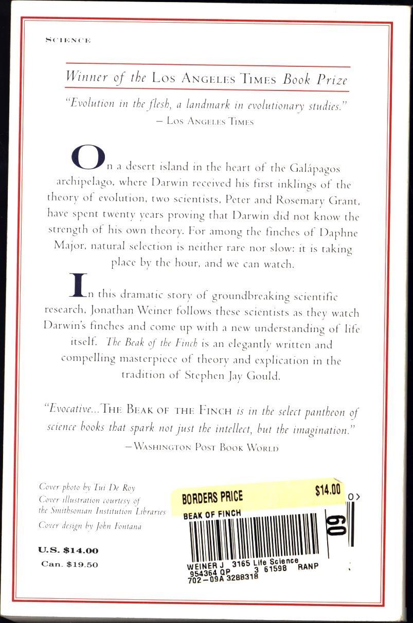 The Beak Of The Finch A Story Of Evolution In Our Time Winner Of The Pulitzer Prize By Weiner Jonathan As New Soft Cover 1994 Cat S Curiosities