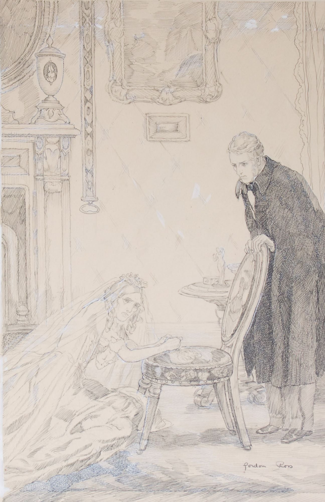 ORIGINAL pen illustration, picturing a woman in a wedding dress kneeling by a chair, observed by a male visitor Ross, Gordon [ ]