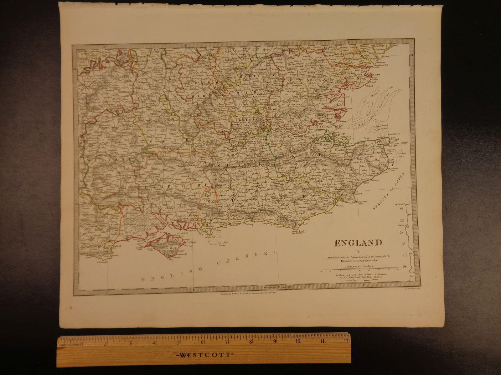 1844 BEAUTIFUL Huge Color MAP of South-East England Kent Great Britain