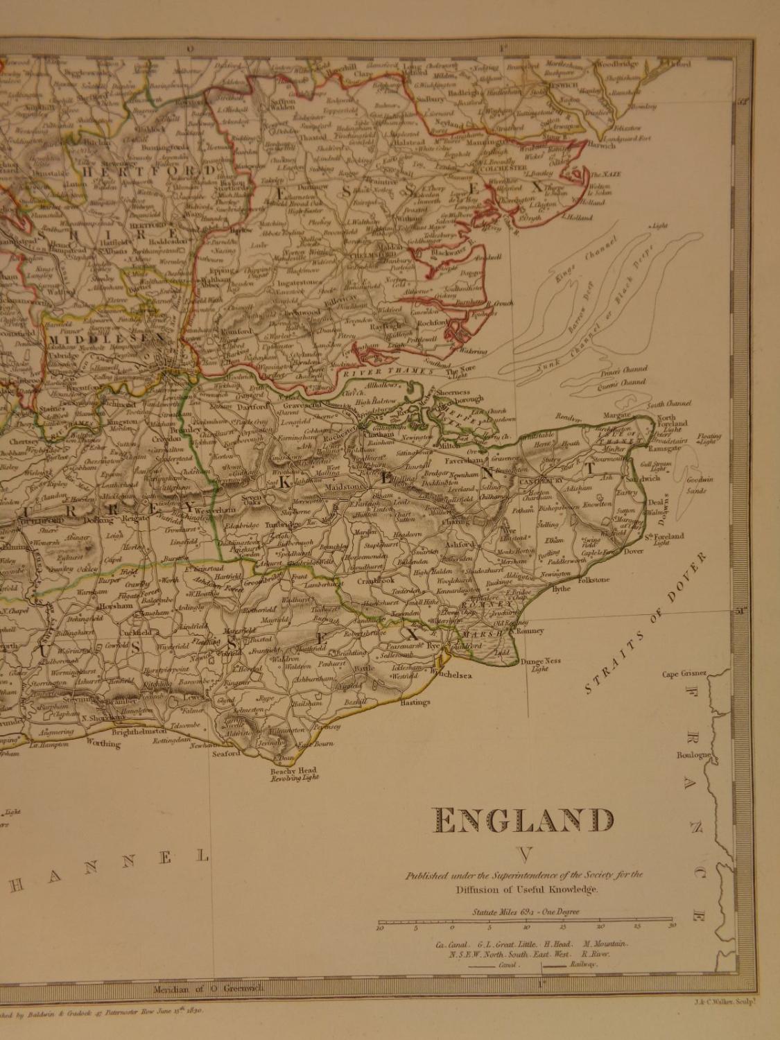 1844 BEAUTIFUL Huge Color MAP of South-East England Kent Great Britain