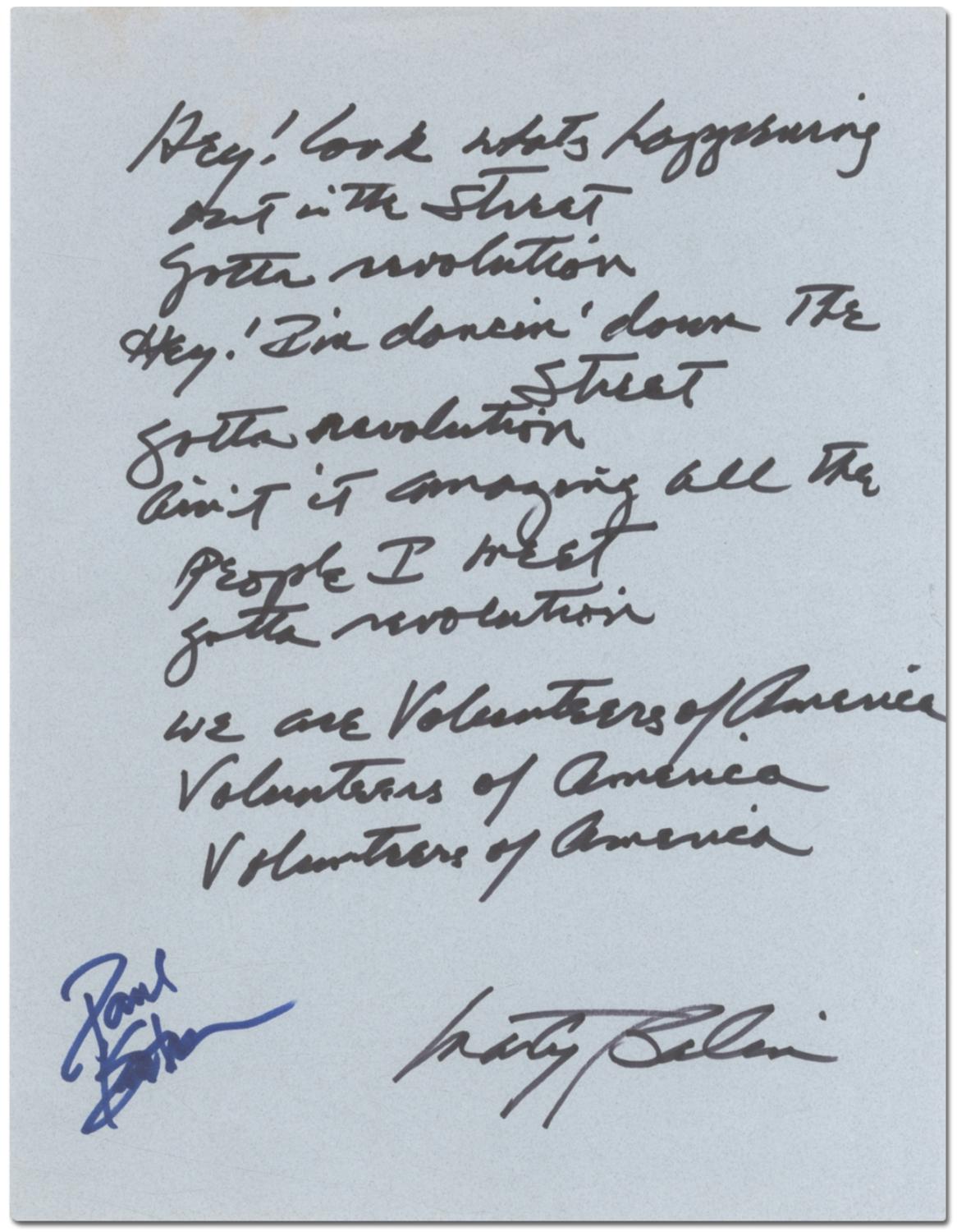 Handwritten Lyrics for "Volunteers" and Jefferson Starship's "Miracles