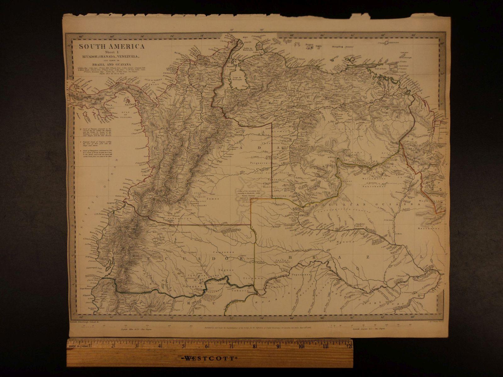 1844 BEAUTIFUL Huge Color MAP of South America Ecuador Granada Brazil