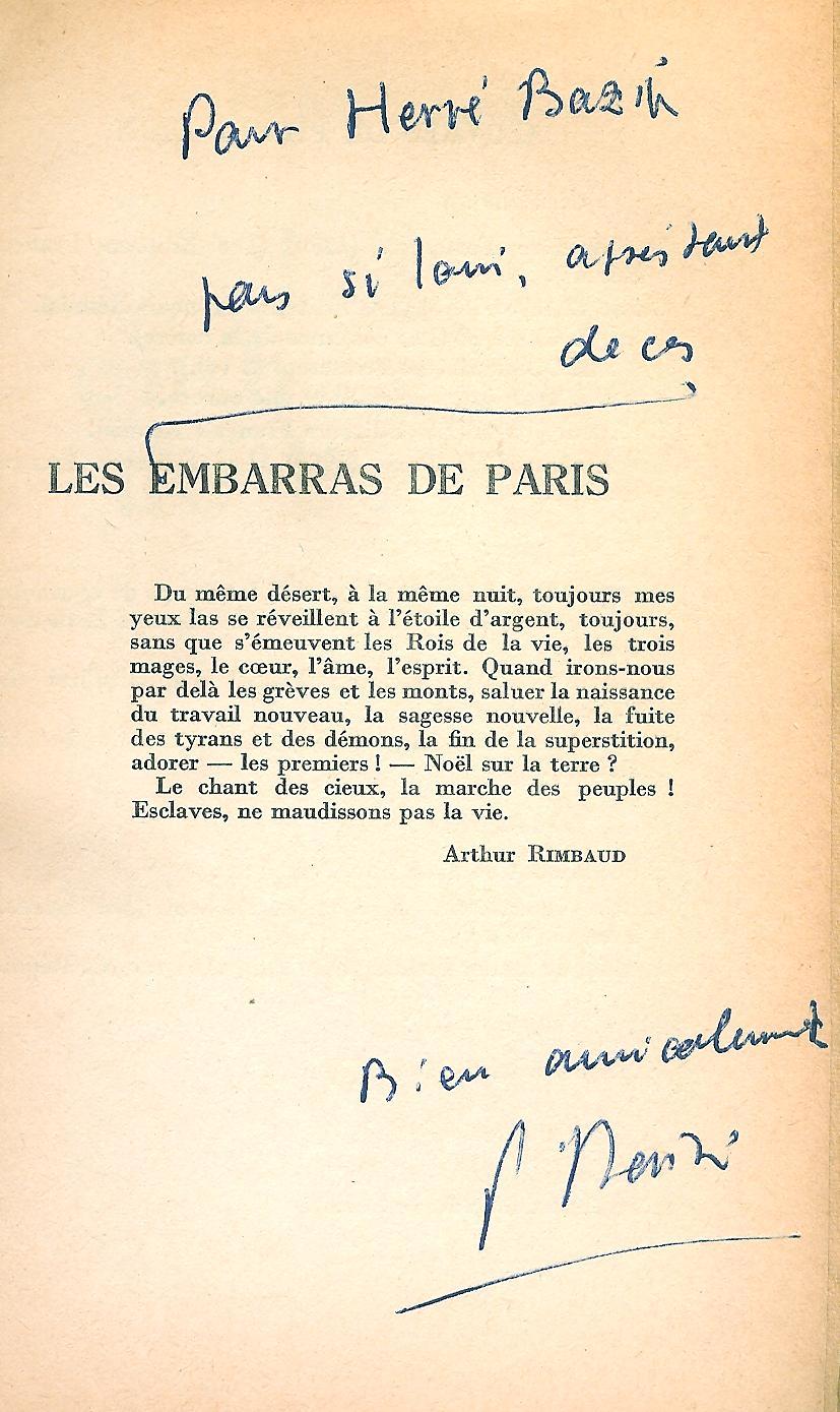 Les embarras de Paris.Roman. par Exemplaire de Hervé BAZINDAIX