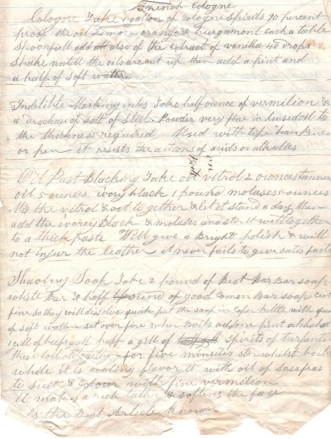Manuscript Cologne, Shaving Soap, Indelible Marking Inks, and other recipes - Northfield, Vermont 1856 [Very Good]
