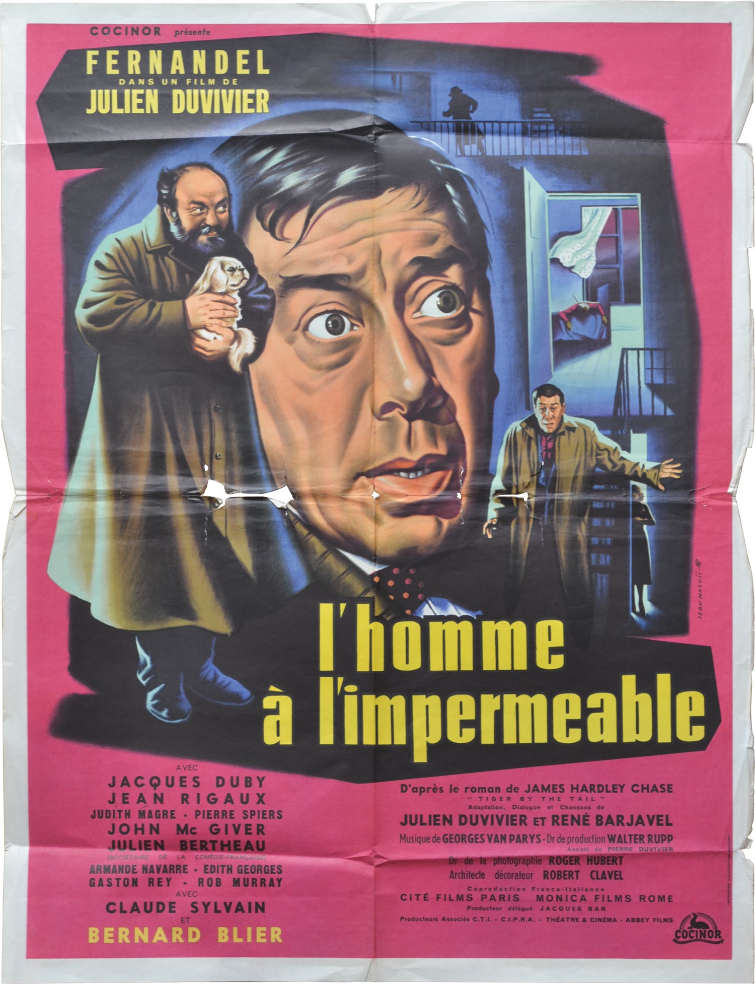 The Man in the Raincoat l homme a l impermeable Original poster for the 1957 film by Julien Duvivier director screenwriter James Hadley Chase novel Rene Barjavel screenwriter Fernandel Jacques Duby Je...