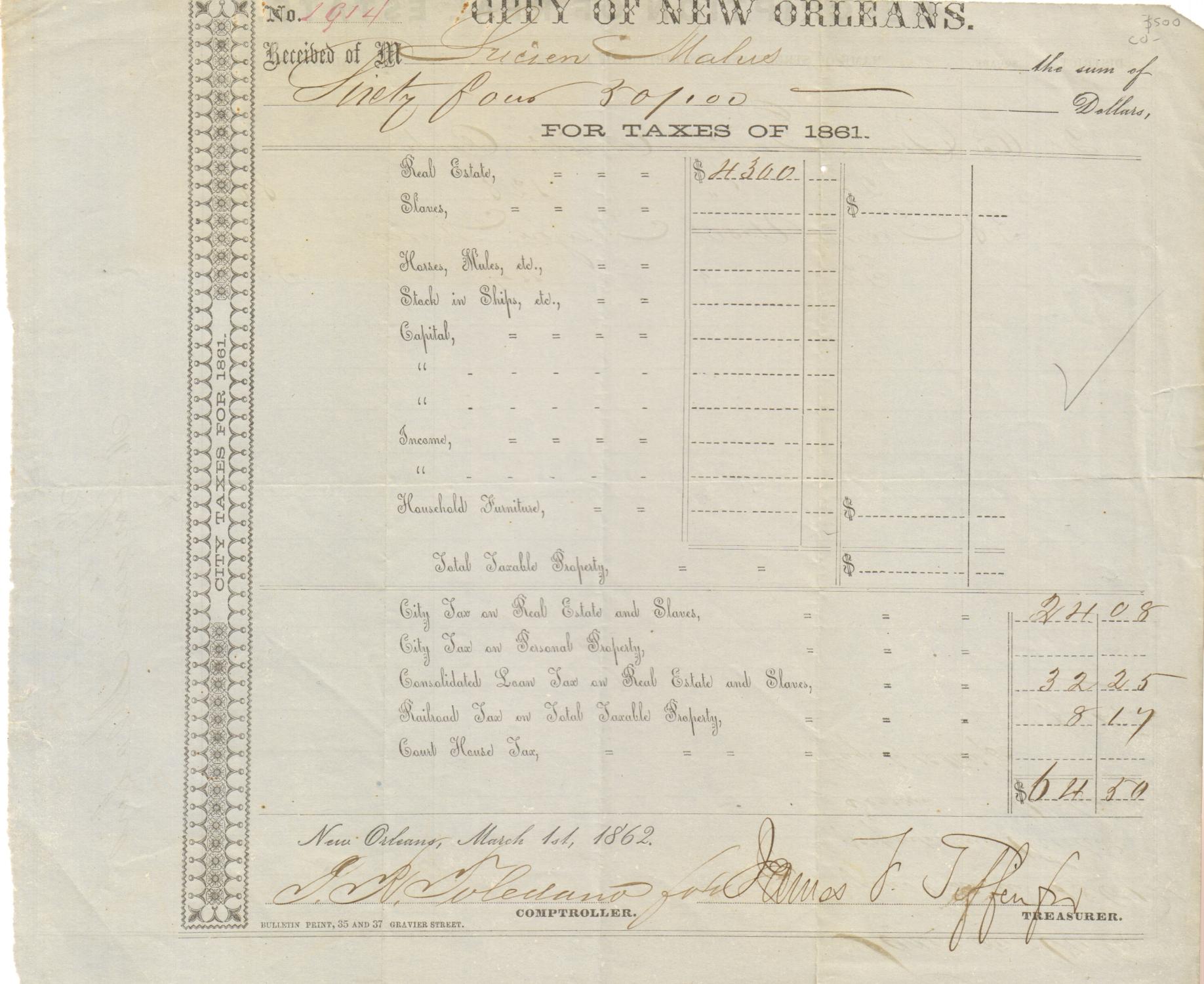 City of New Orleans 1861 Tax Bill Confederate Imprint Very Good (1862