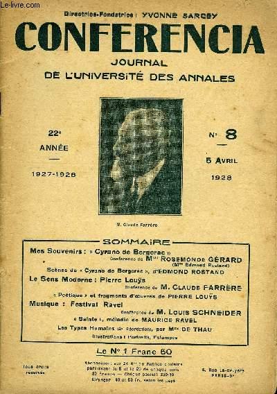CONFERENCIA 22E ANNEE N°8 - Mes Souvenirs : « Cyrano de Bergerac »Conférence de Mme rosemonde Gérard(Mme Edmond Rostand)Scènes de «Cyrano de Bergerac