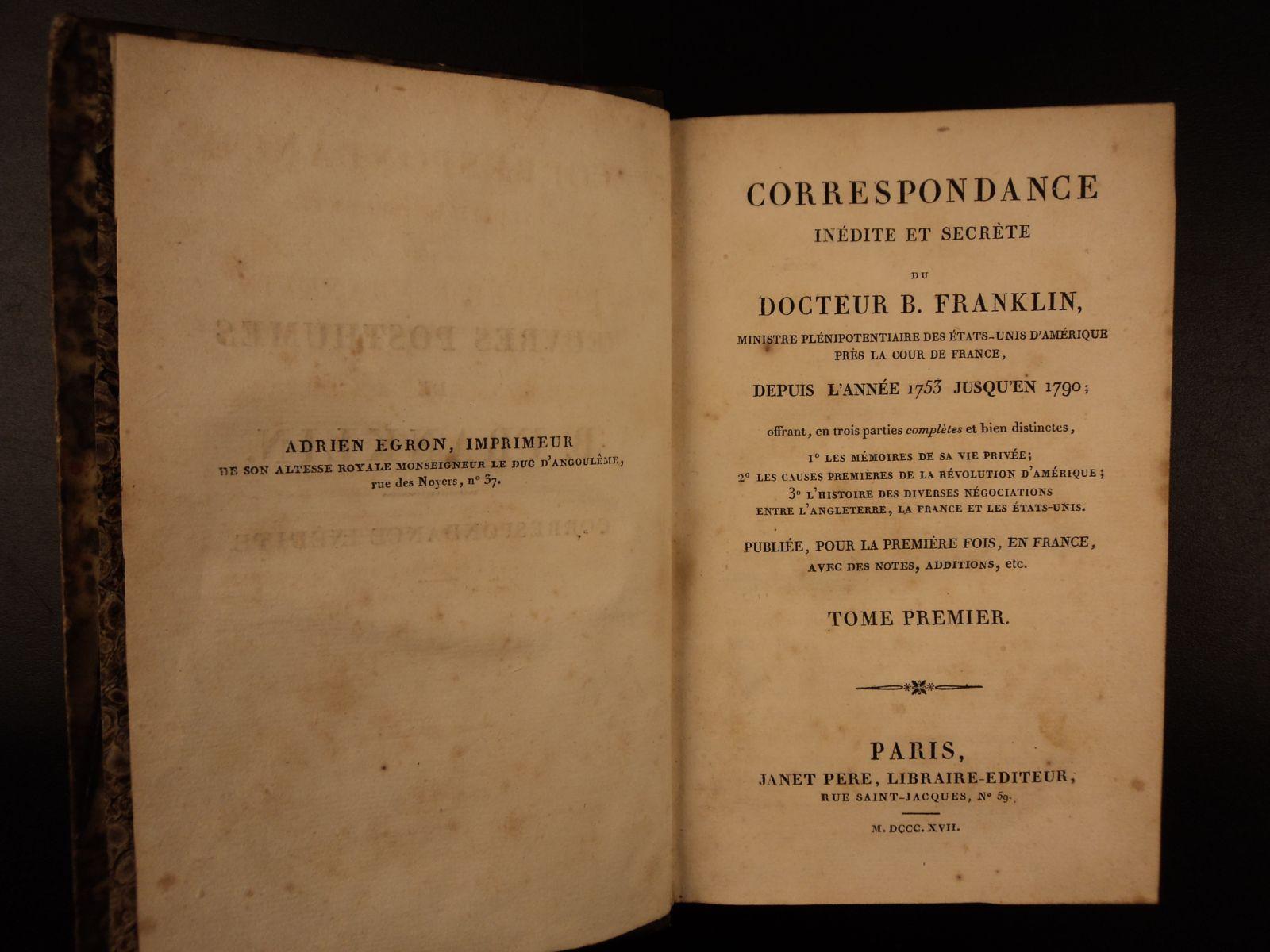 1817 RARE Benjamin Franklin Secret Correspondence France French ...