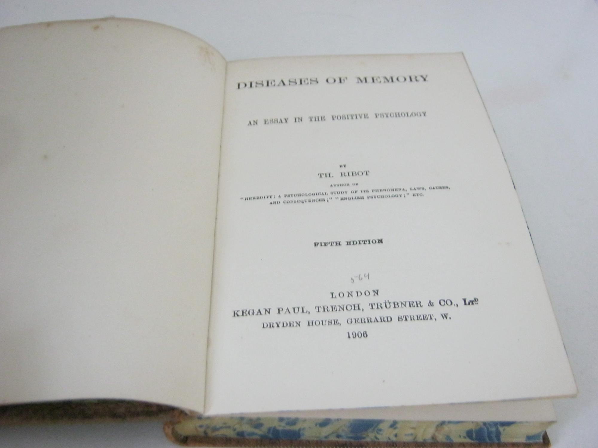 Diseases of Memory. An Essay in the Positive Psychology Ribot, Th. [Assez bon] [Couverture rigide]