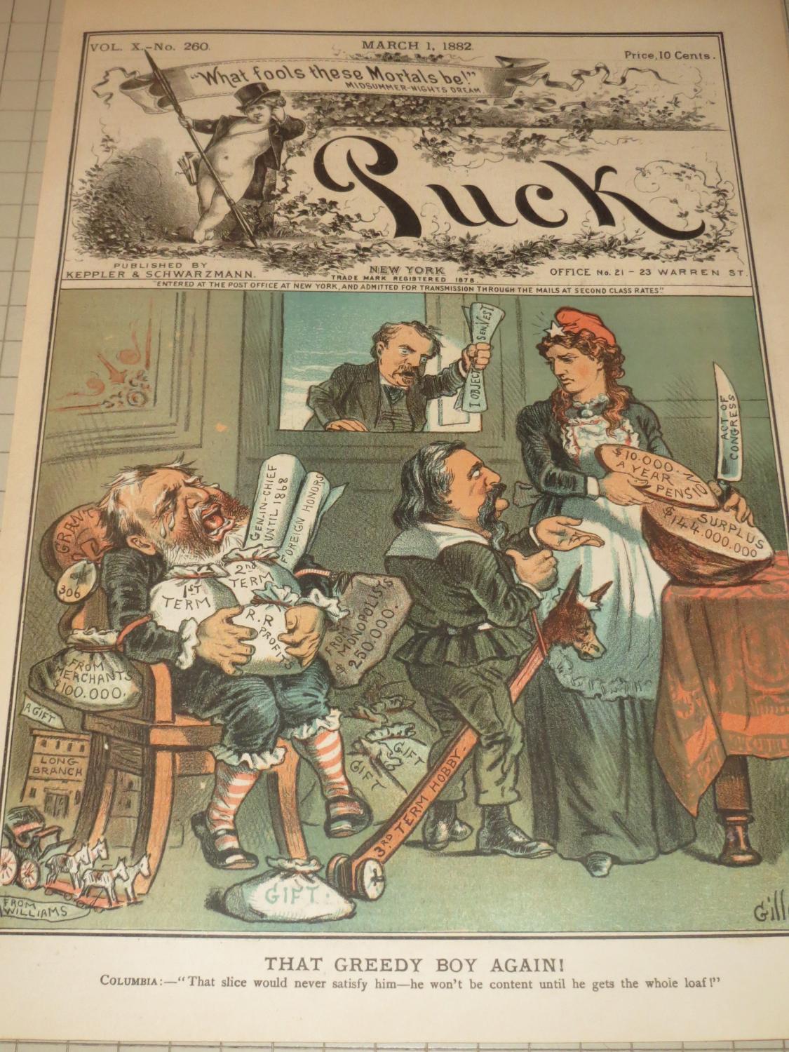 1882 Puck Lithograph of "Ulysses Grant Crying Over Lack Of Spoils" - U