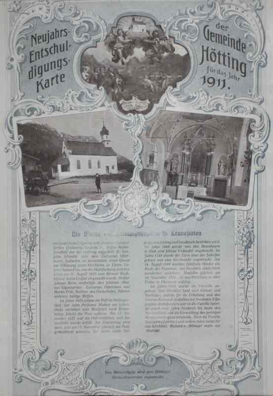Neujahrs-Entschuldigungs-Karte der Gemeinde Hötting für das Jahr 1911