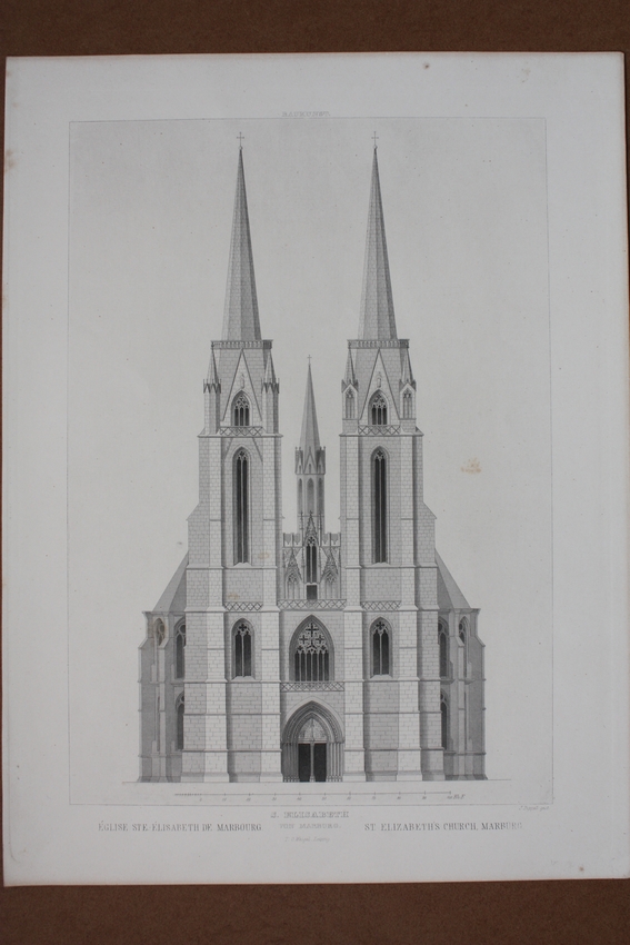 Kirche St. Elisabeth in Marburg an der Lahn, Stahlstich um 1860 von J