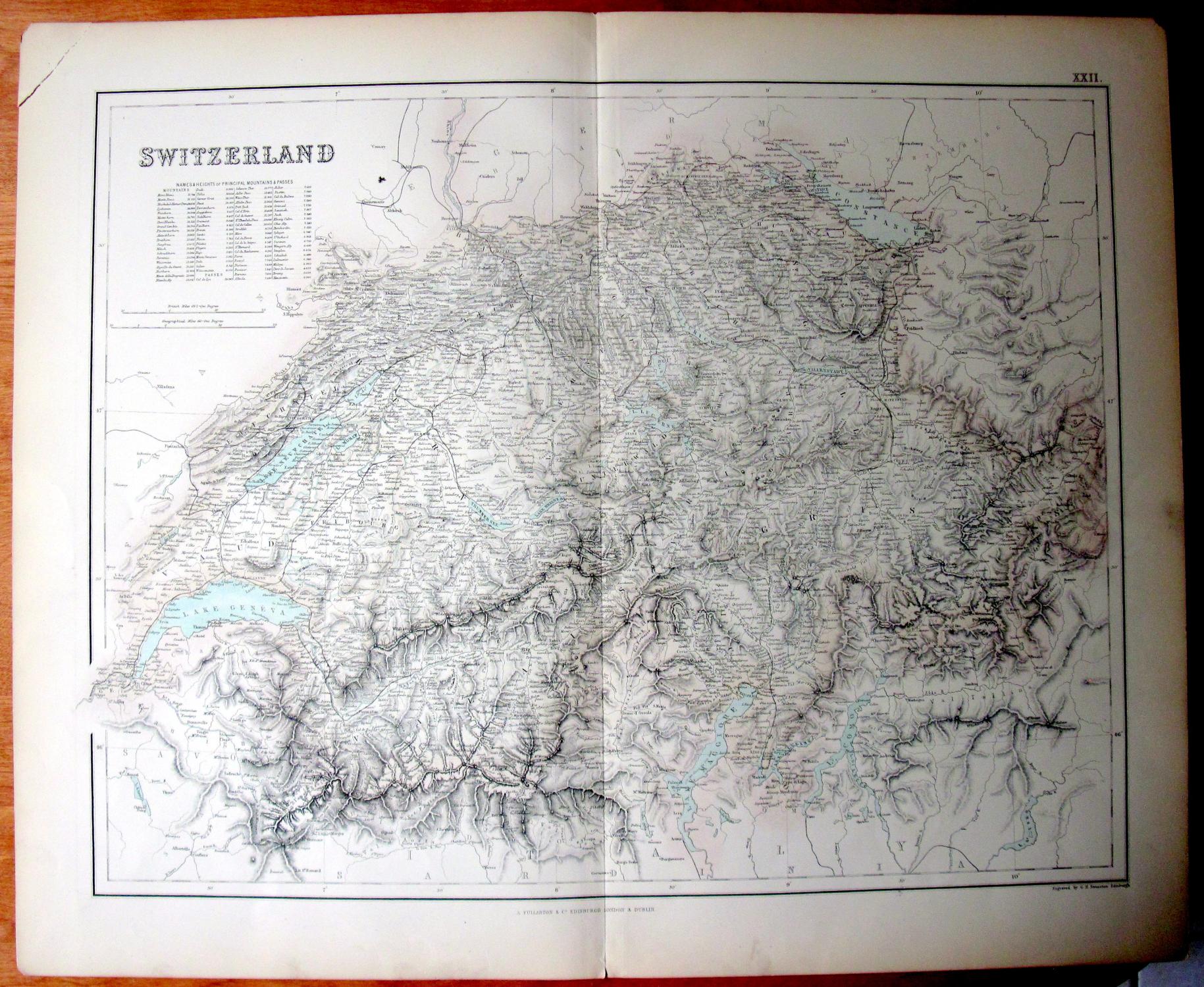 Antique Map Switzerland Names Heights Of Principal Mountains 