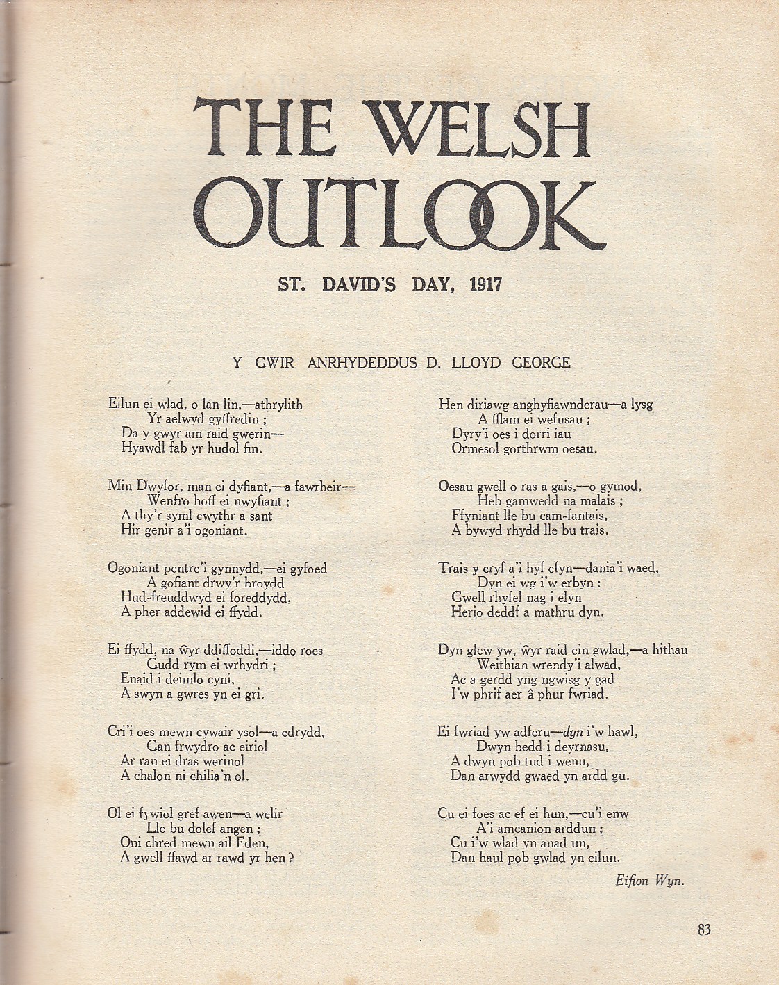 The Welsh Outlook A Monthly Journal Of National Social Progress March 1917 Contains Y Gwir Anrhydeddus D Lloyd George By Eifion Wyn Pant Y Celyn By T Gwynn Jones Thoughts For St