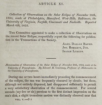 Collection Of Observations On The Solar Eclipse Of November 30th 1834 Made At Philadelphia Haverford West Hills Baltimore The University Of Virginia Norfolk Cincinnati And Nashville Transactions Of The American Philosophical Society Vol