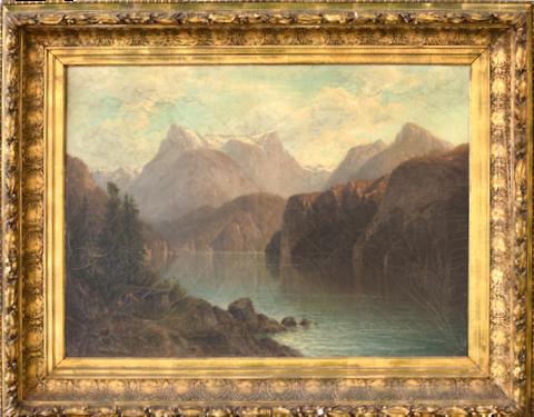 Gemälde, Öl auf Leinwand, Alpenlandschaft mit See. Links im Vordergrund  eine Bäuerin mit Kind. 1886. Links unten signiert: G.A. Horst, W . 86.  Krakeliert. Mit dekorativem vergoldeten Rahmen. Bildgröße 70 x 94,5