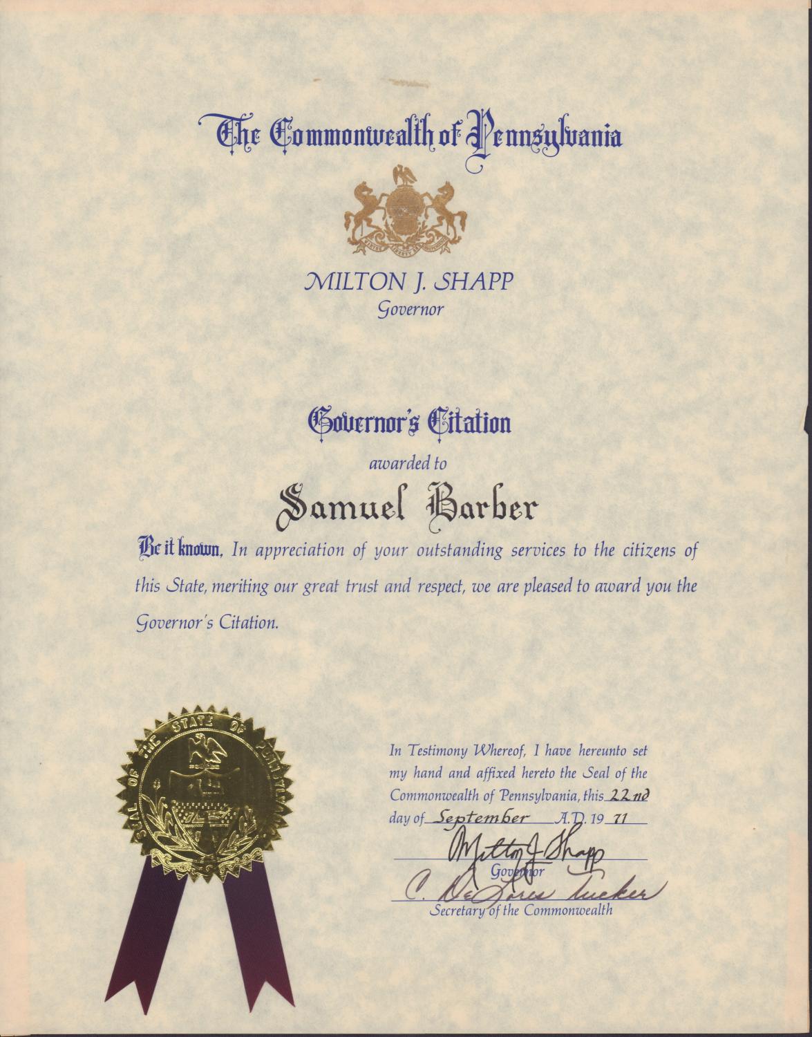 Certificate Awarding the Composer the Governor�s Citation