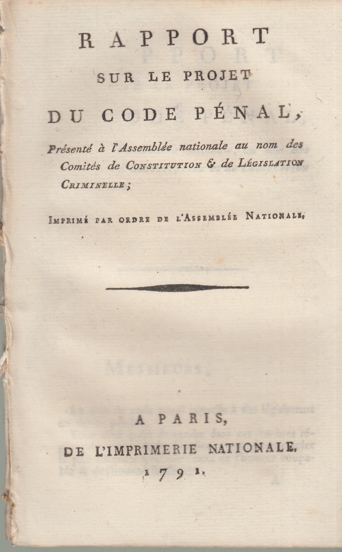 Rapport sur le projet du Code pénal présent à l'Assemblée Nationale au ...
