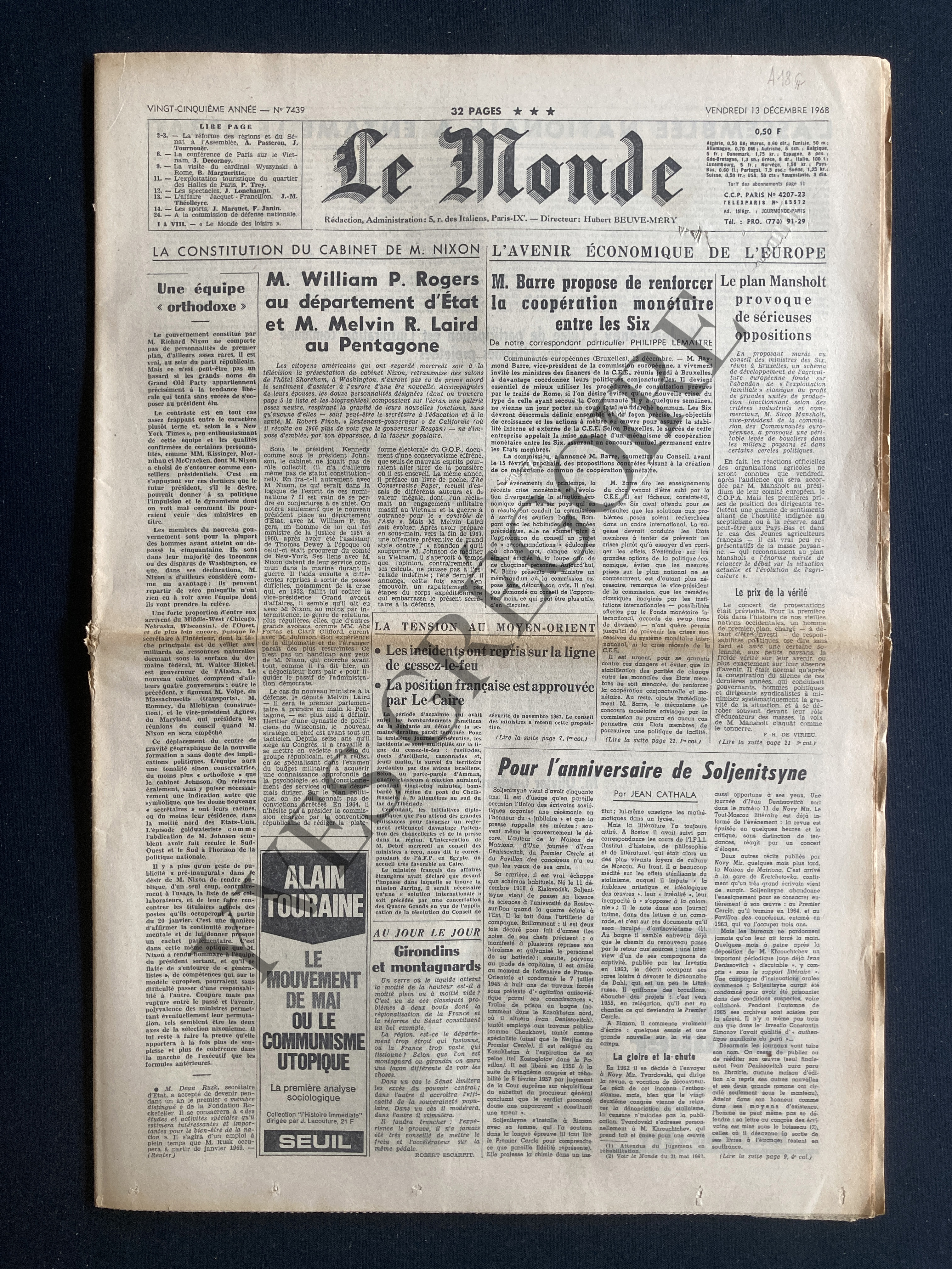 LE MONDE-N°7439-VENDREDI 13 DECEMBRE 1968 [Bon] [Couverture souple]