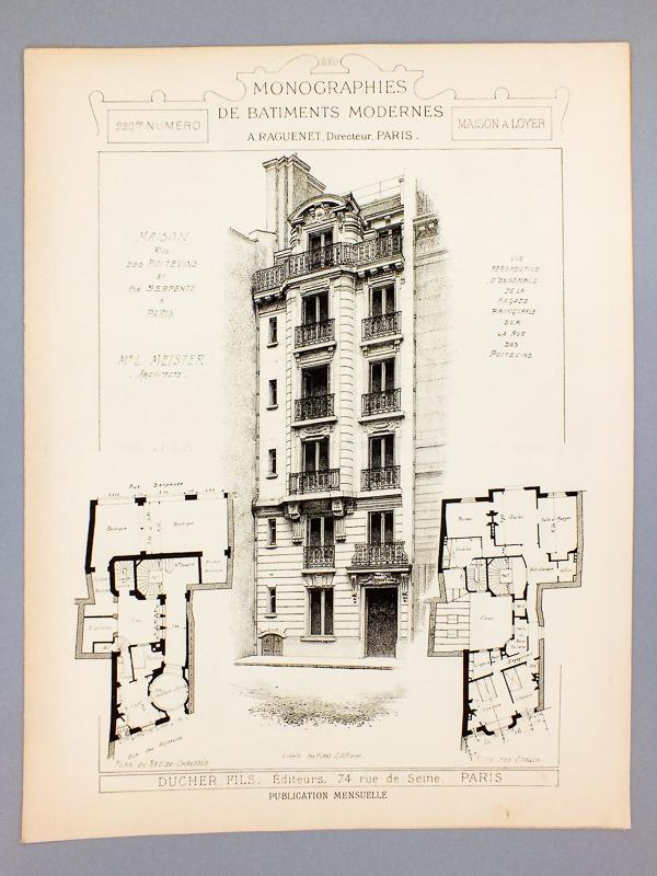Monographies de Bâtiments Modernes - Maison rue des Poitevins et rue Serpente à Paris, Mr. L. Meister Architecte [ immeuble dont la façade principale