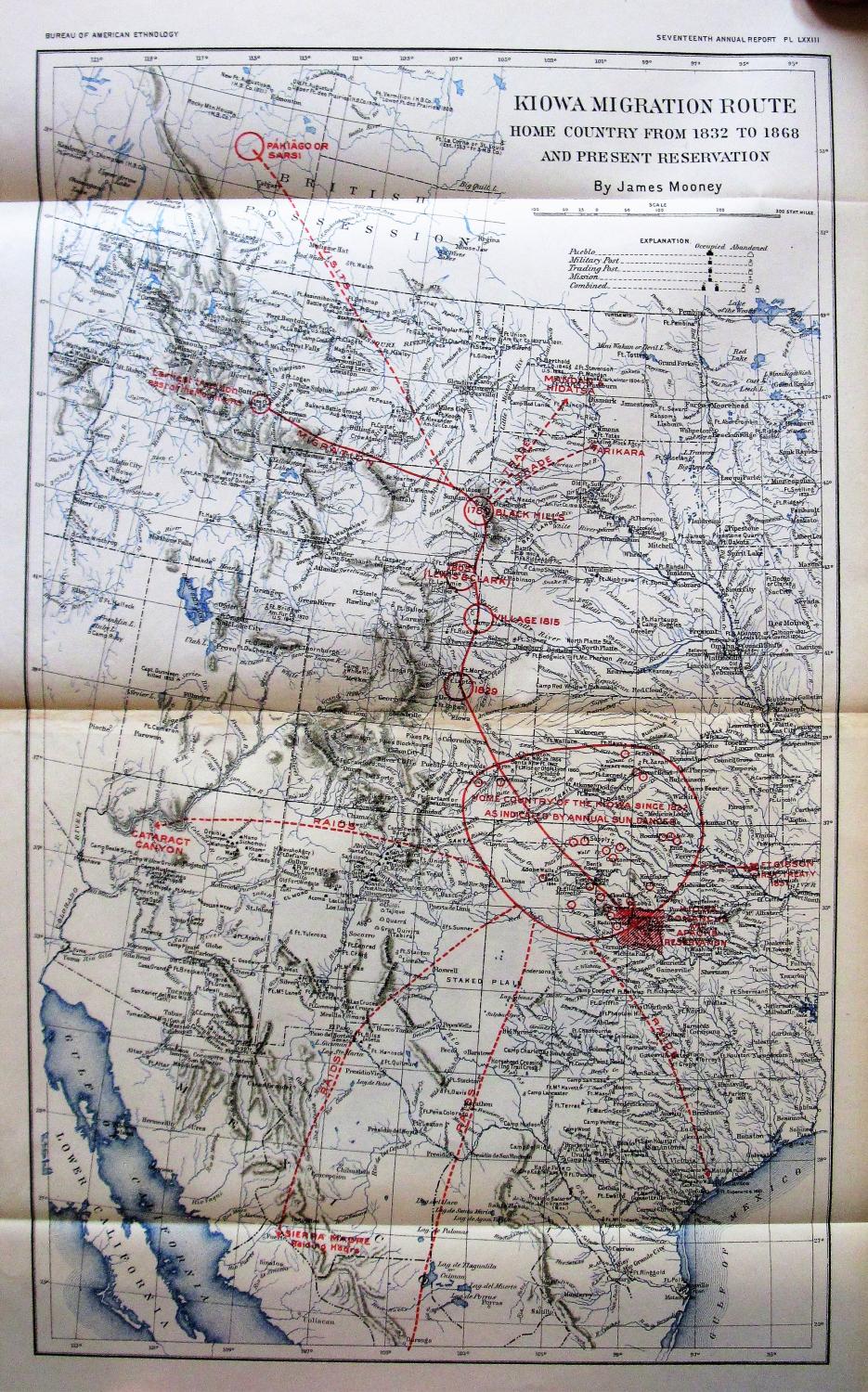 Antique Map Kiowa Migration Route Home Country From 1832 To 1868 And Present Reservation Von Mooney James 1898 Karte Ken Jackson