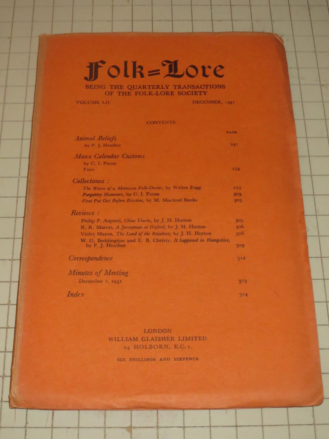 1941 Folk-Lore Magazine: Animal Beliefs - Manx Calendar Customs - The ...