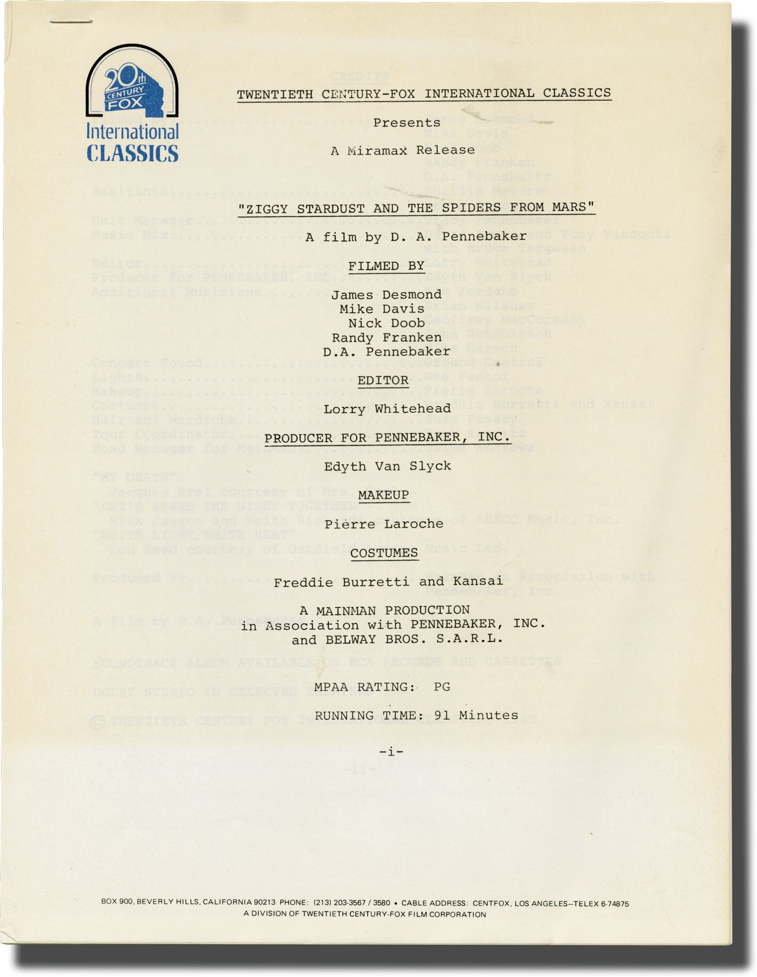 Ziggy Stardust and the Spiders from Mars: The Motion Picture (Original Film  Press Kit) by D.A. Pennebaker (director); David Bowie, Mick Ronson  (starring): (1983) Manuscript / Paper Collectible