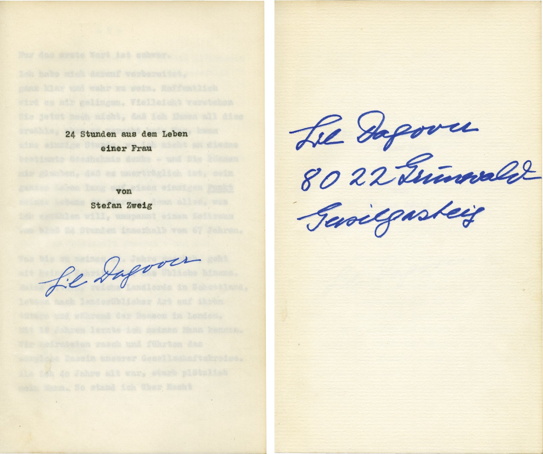 24 Vierundzwanzig Stunden Aus Dem Leben Twenty Four Hours In The Life Of A Woman Typescript Of Novel With Corrections By Lil Dagover By Stefan Stephan Zweig Author Lil Dagover Actress Reader 1960