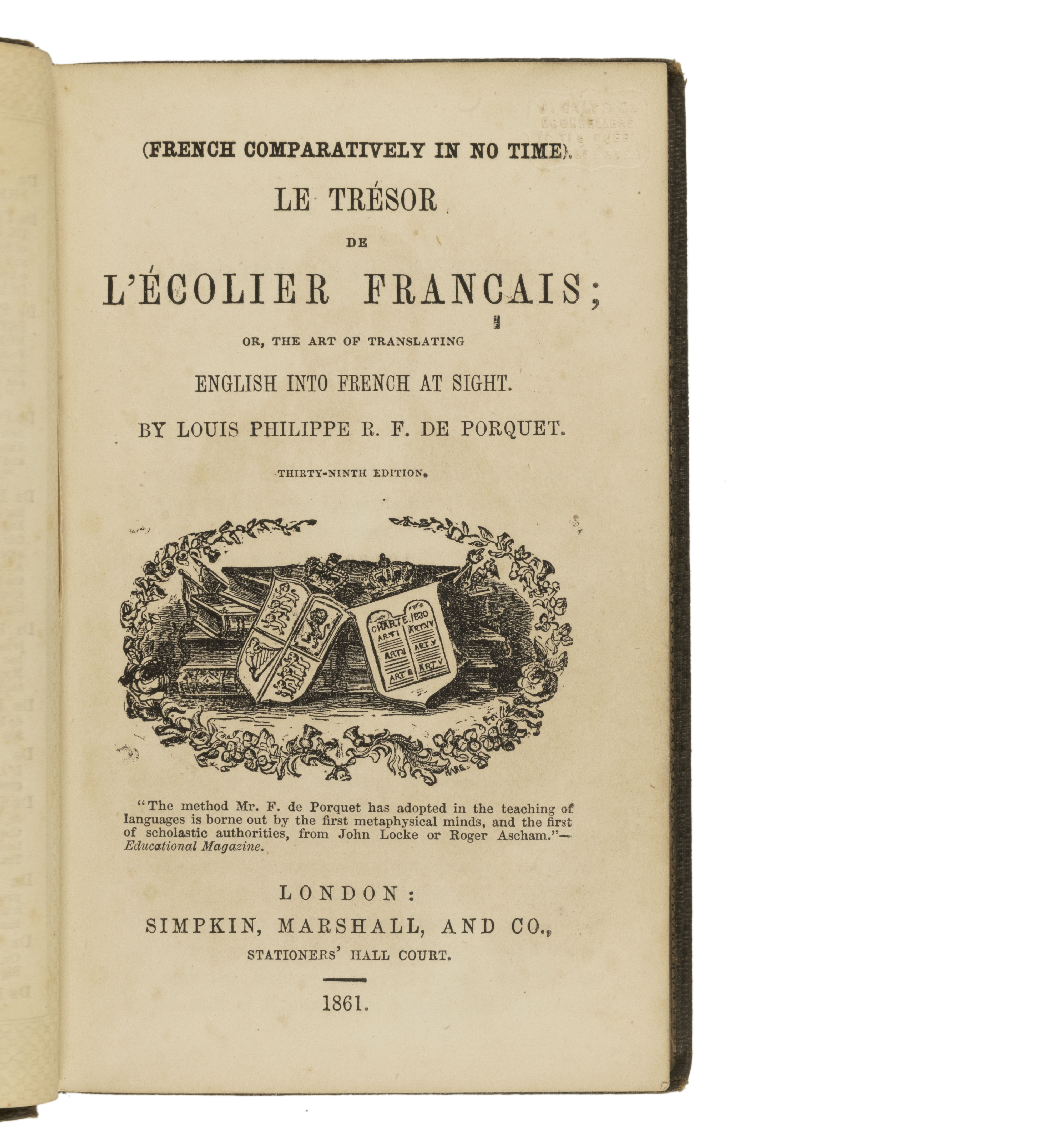 Le Tresor de l'Ecolier Francais; or the art of Translation. 39th edn. PORQUET, Louis Philippe R.F. de. [ ] [Couverture rigide]