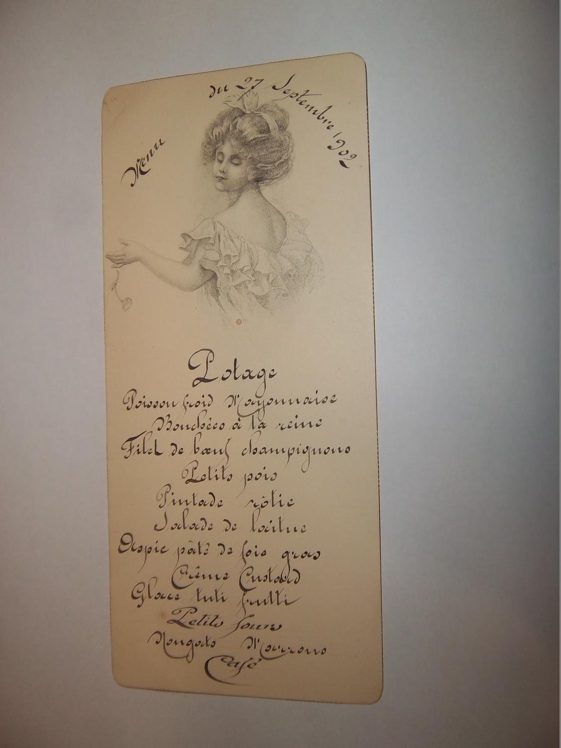 MENU D'UNE RECEPTION DU GENERAL GALLIENI, DU 27 SEPTEMBRE 1902 MARTHE GALLIENI ( Femme du GENERAL GALLIENI) [ ]